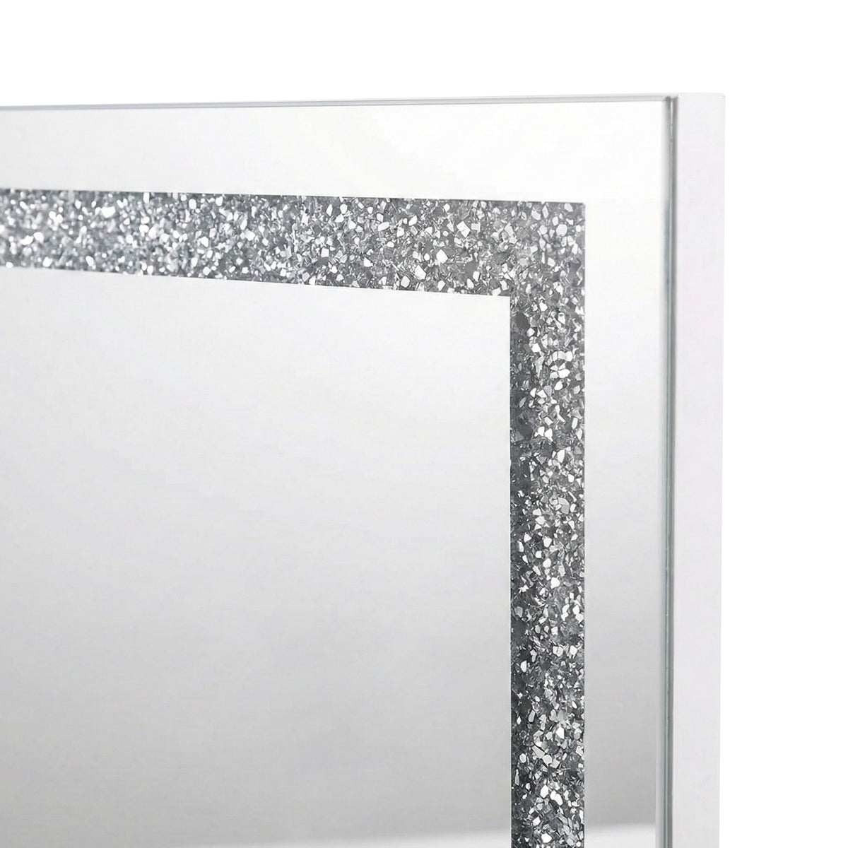 Close-up of upper left corner of mirror showing glitter border on white background