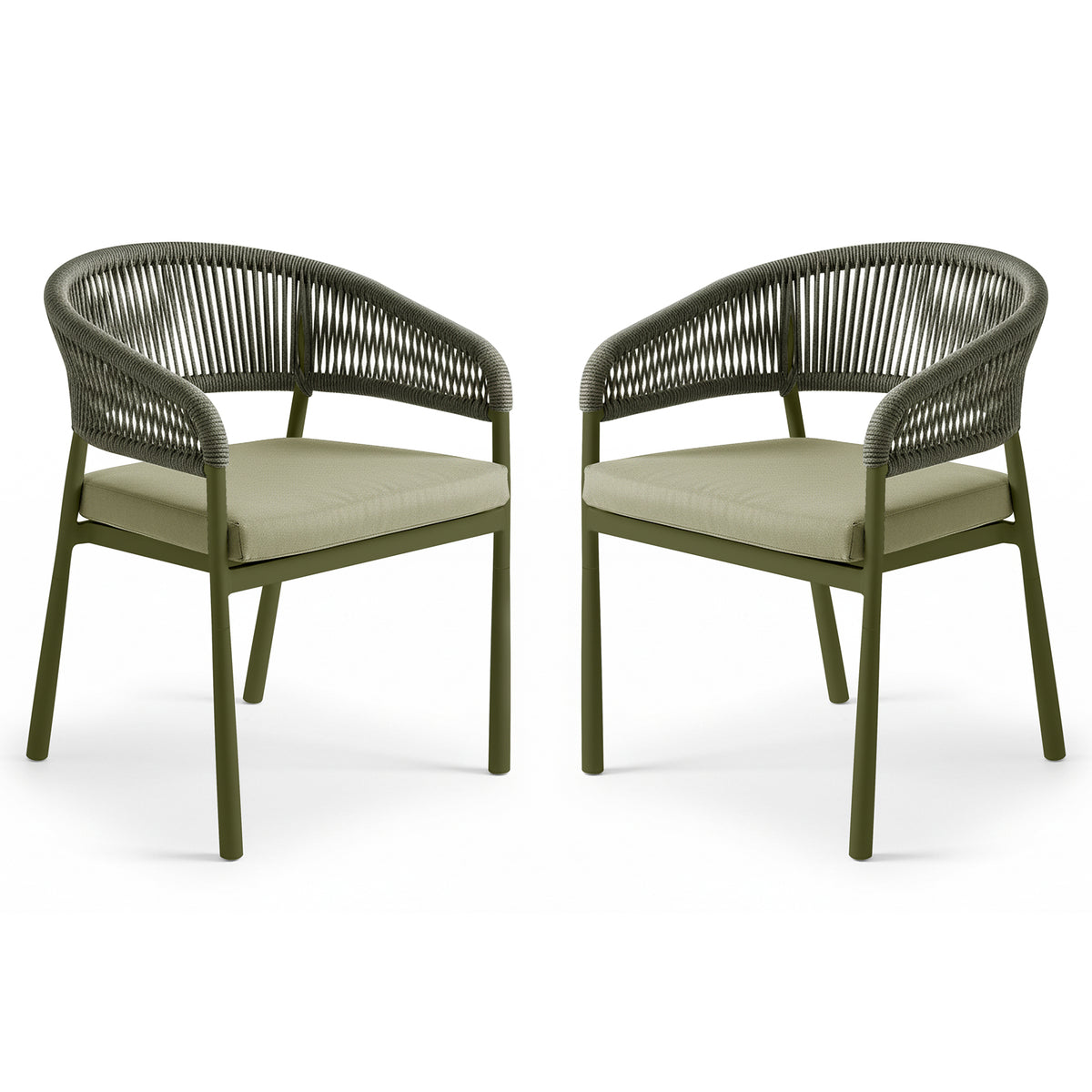 Coastal Outdoor Rope Dining Chairs Set of 2 in Green, featuring olive-metal frames, woven rope back and arms, and cushioned seats, designed for outdoor use, showcasing modern coastal style and durability.