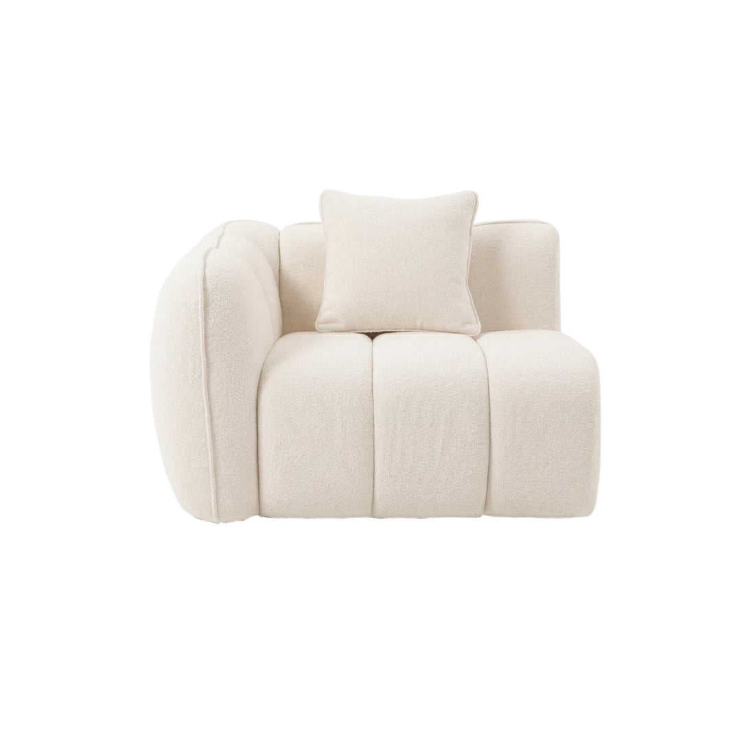 Cream-colored corner section of a modular sofa with plush cushion on white background