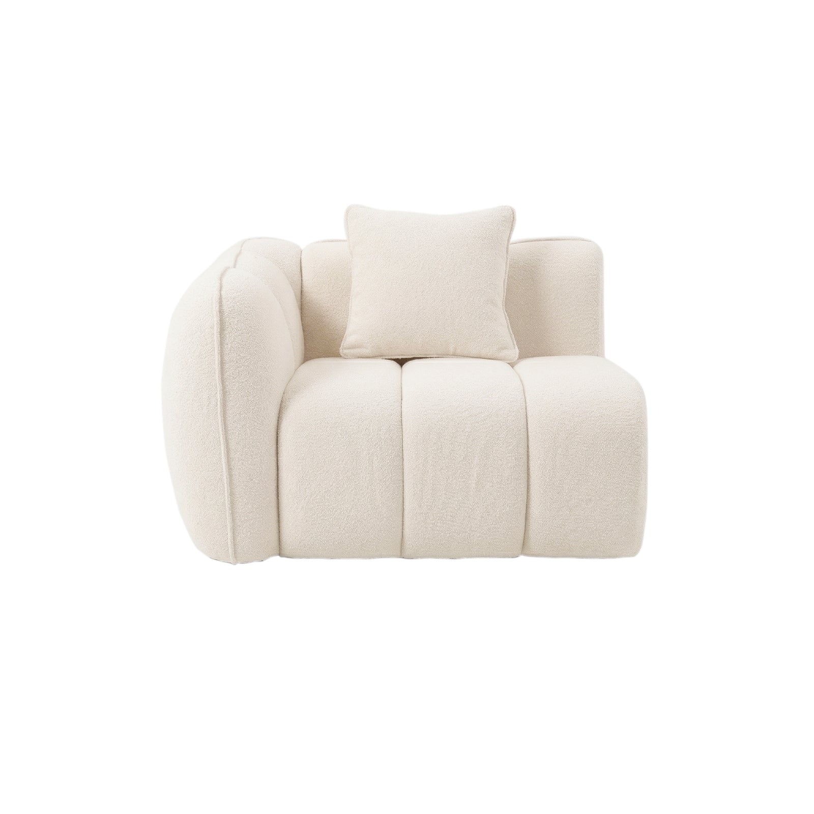 Cream-colored corner section of a modular sofa with plush cushion on white background
