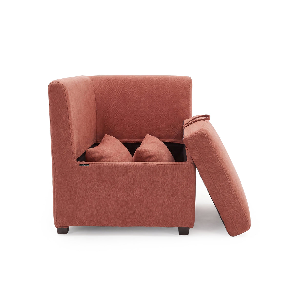 Terracotta storage chair with the seat cushion removed