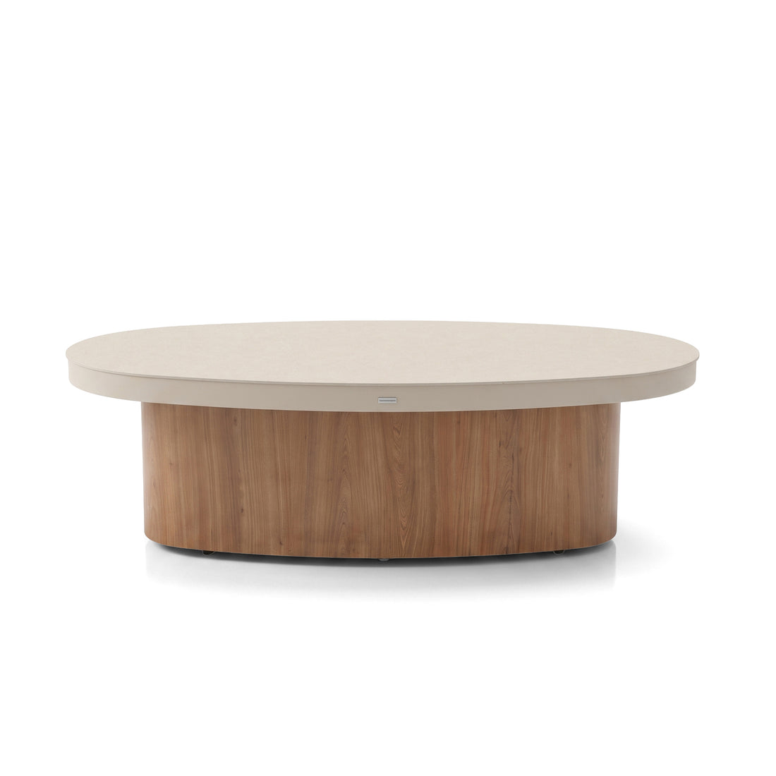 Oval coffee table with neutral top and wood-grain base on a white background.