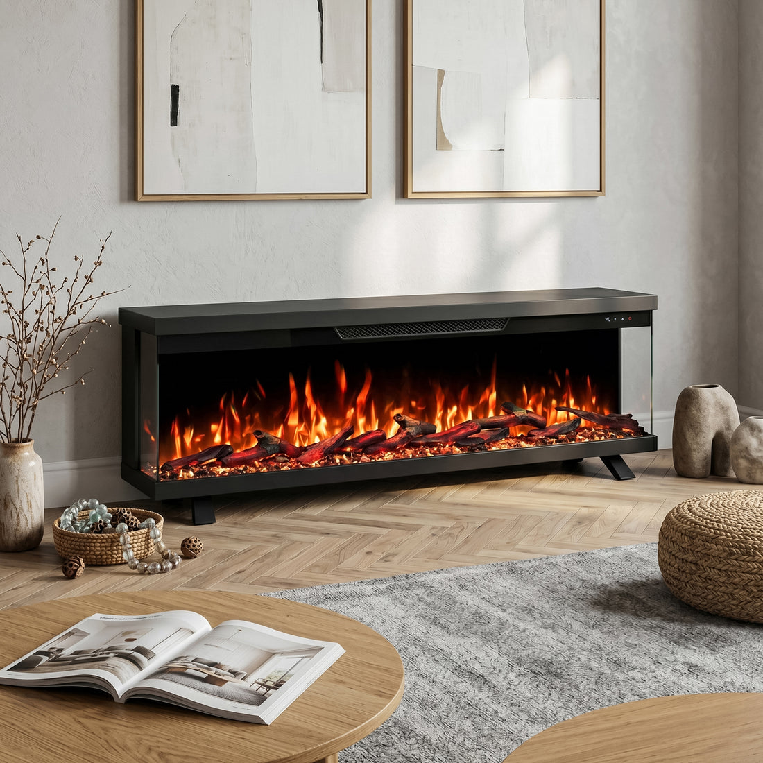 Electric fireplace installed in a stylish living room with modern decor, emitting realistic flames.
