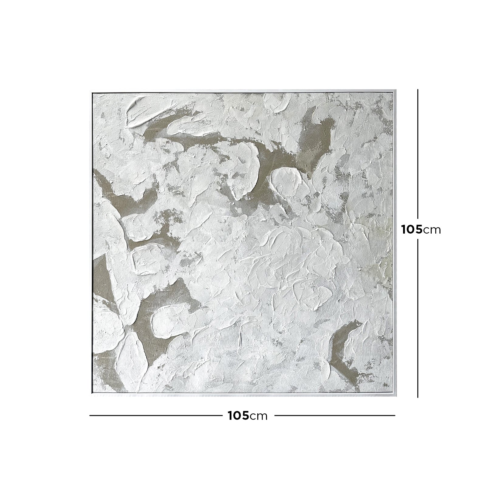 Luma Framed Canvas Wall Art 105 x 105cm in White, featuring textured white shapes on a muted grey-beige background, housed in a minimalist white frame, adding depth and elegance to any room.