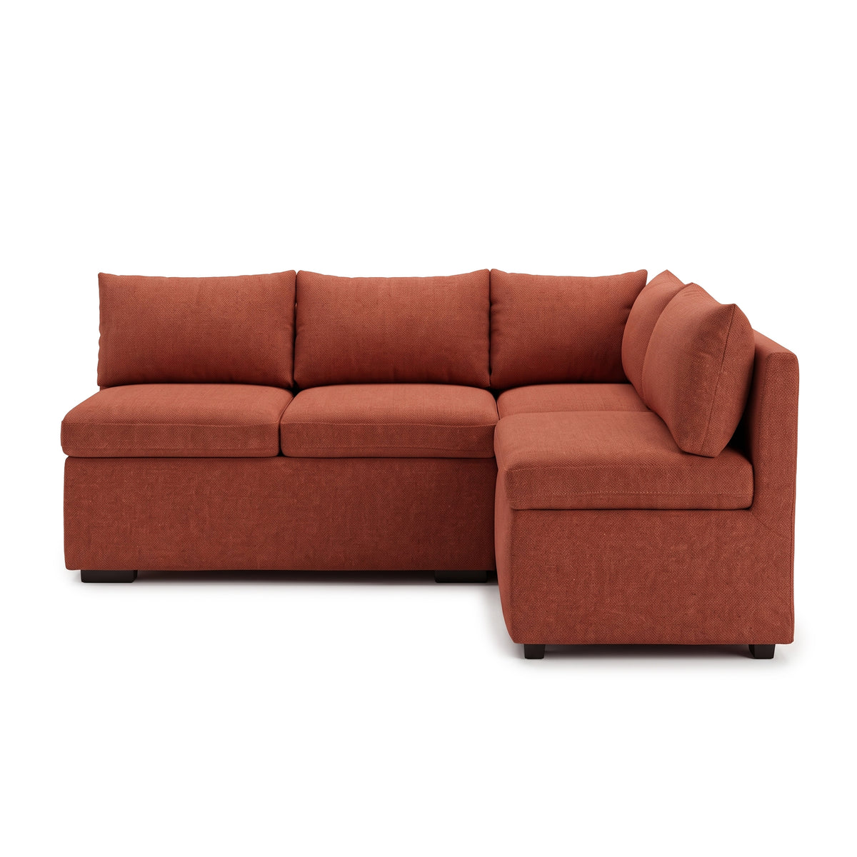 Terracotta sectional sofa with chaise shown fully in a studio setting