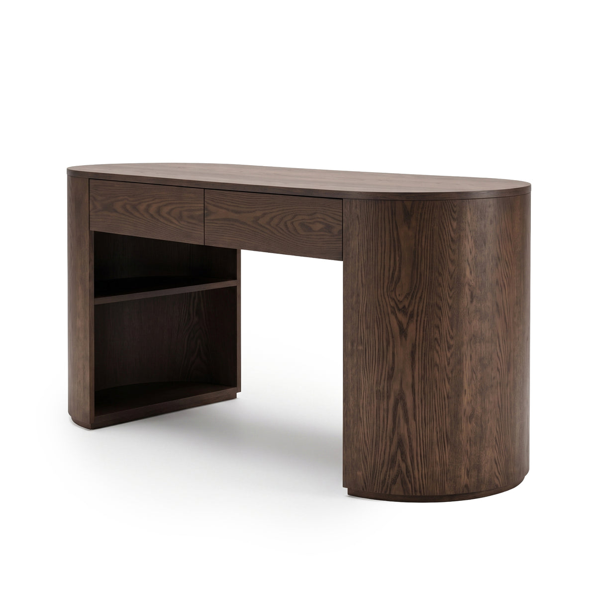 Modern wooden desk with rounded edge and built-in shelving on a white background