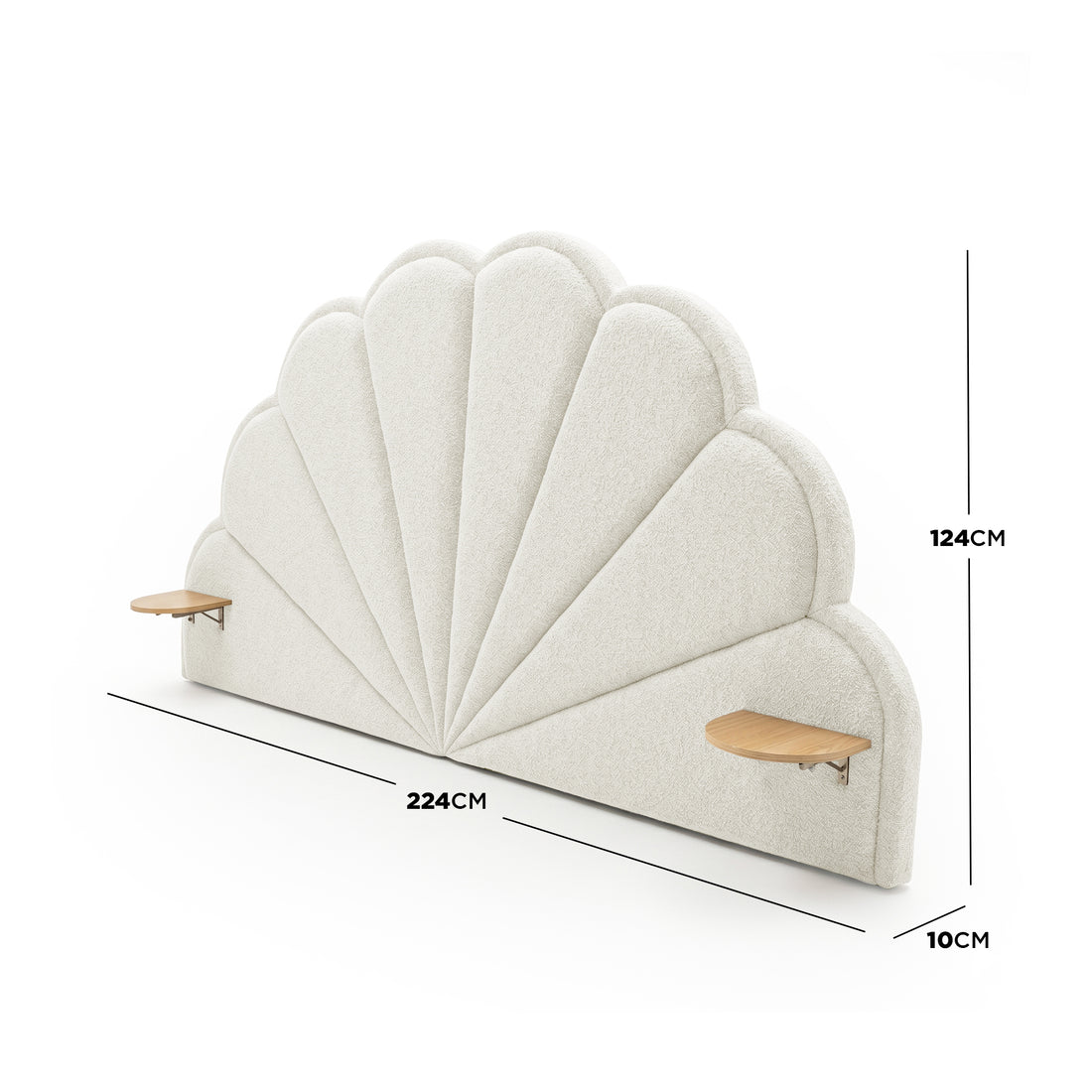 Cream scalloped upholstered headboard with wooden shelves and dimensions overlay