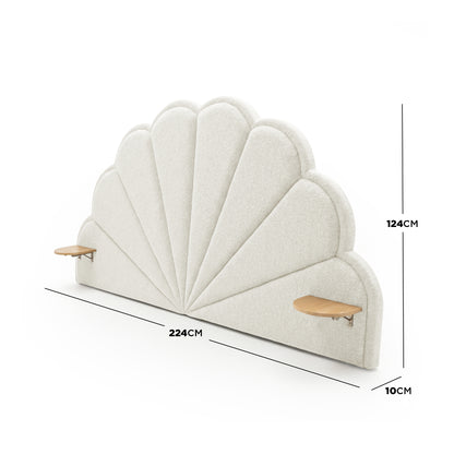 Cream scalloped upholstered headboard with wooden shelves and dimensions overlay