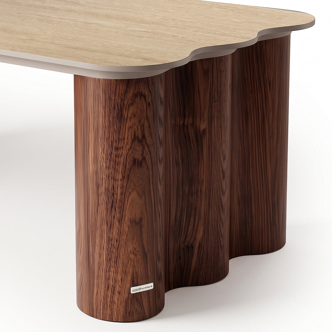 Close-up of sculptural table corner and legs on white background