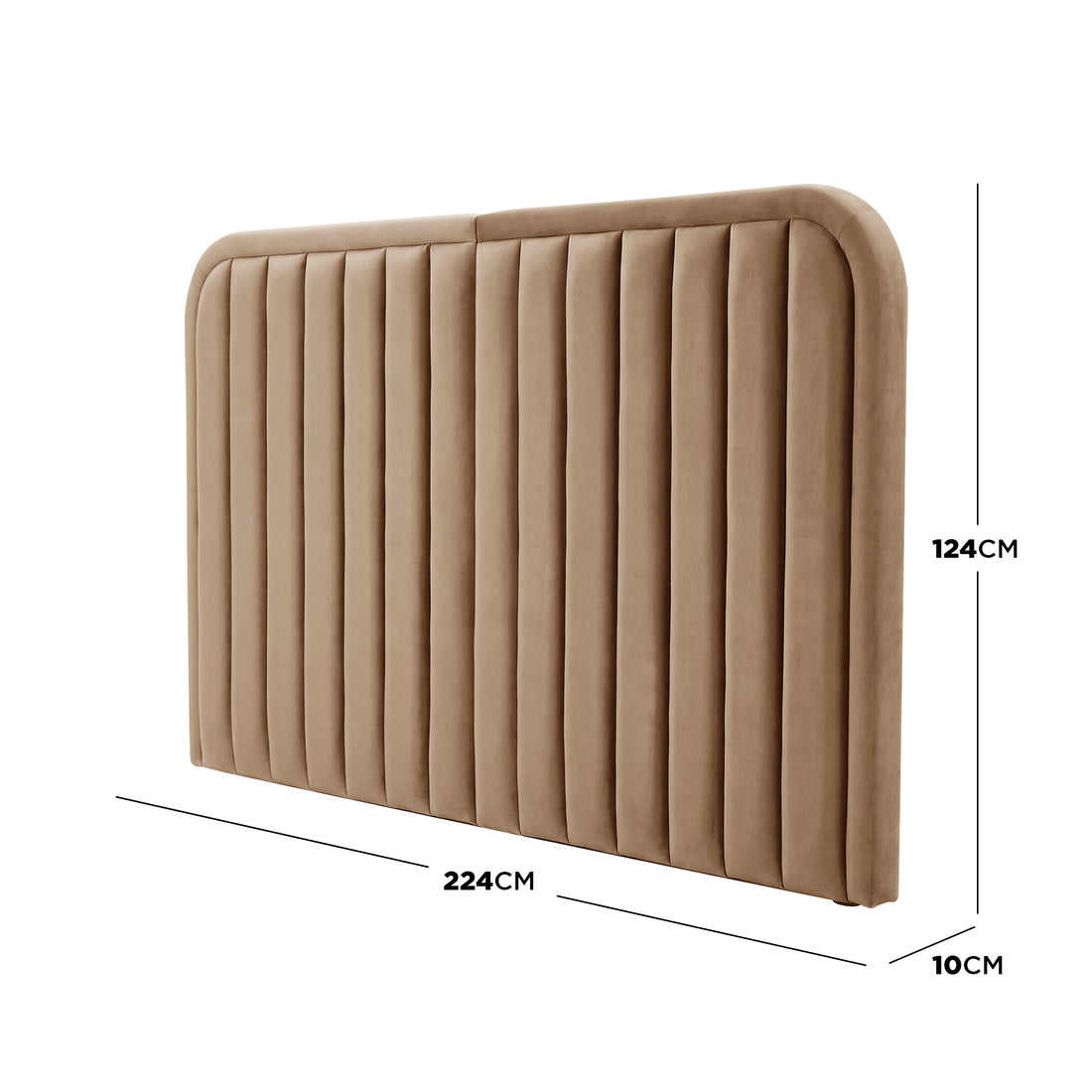 Tan upholstered headboard with dimension measurements on white background