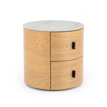 Modern round light wood nightstand with marble-look top on white background