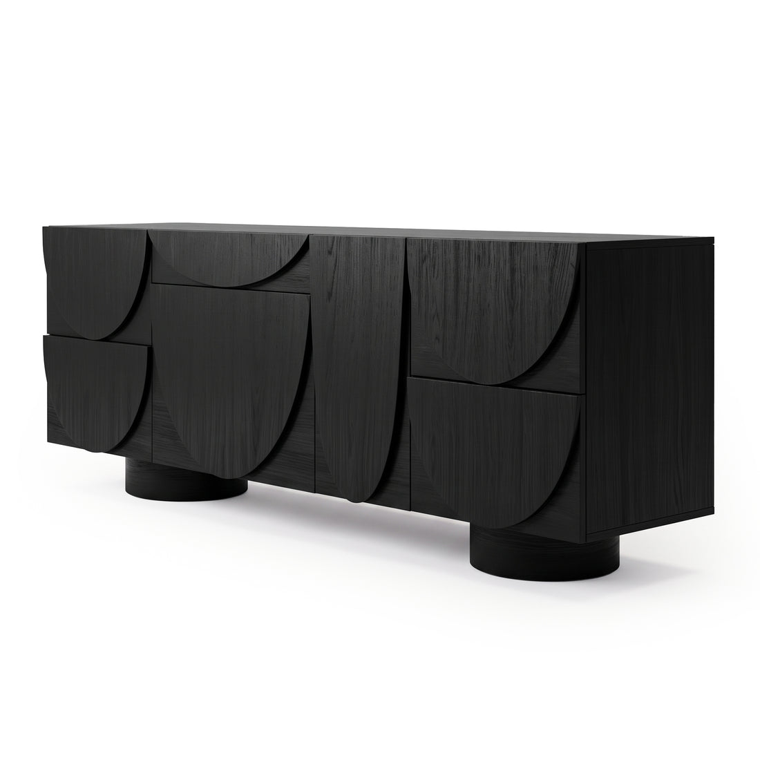 Modern matte black sideboard with curved geometric fronts on a white background