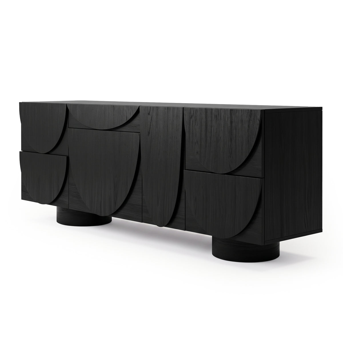 Modern matte black sideboard with curved geometric fronts on a white background
