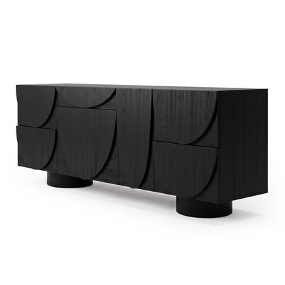 Modern matte black sideboard with curved geometric fronts on a white background