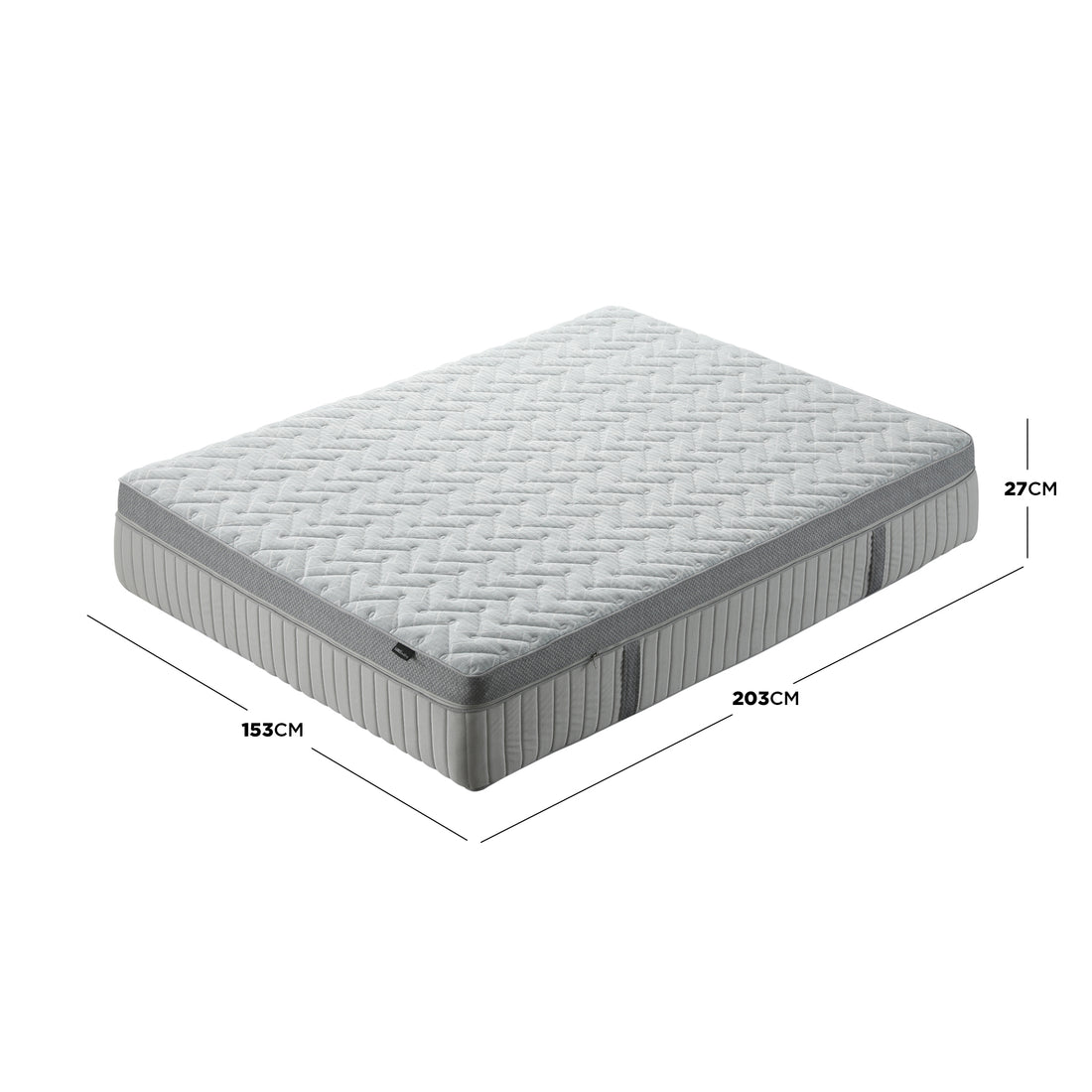 Full mattress on white background with dimension measurements shown - Dimensions