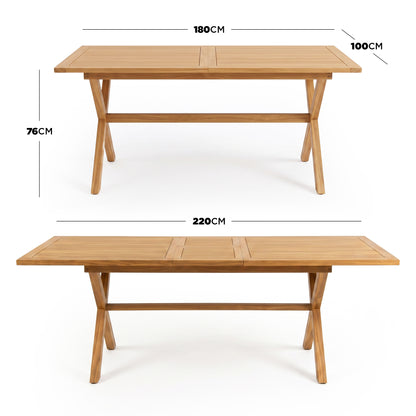 Wooden table shown with dimensions and extension options on a white background