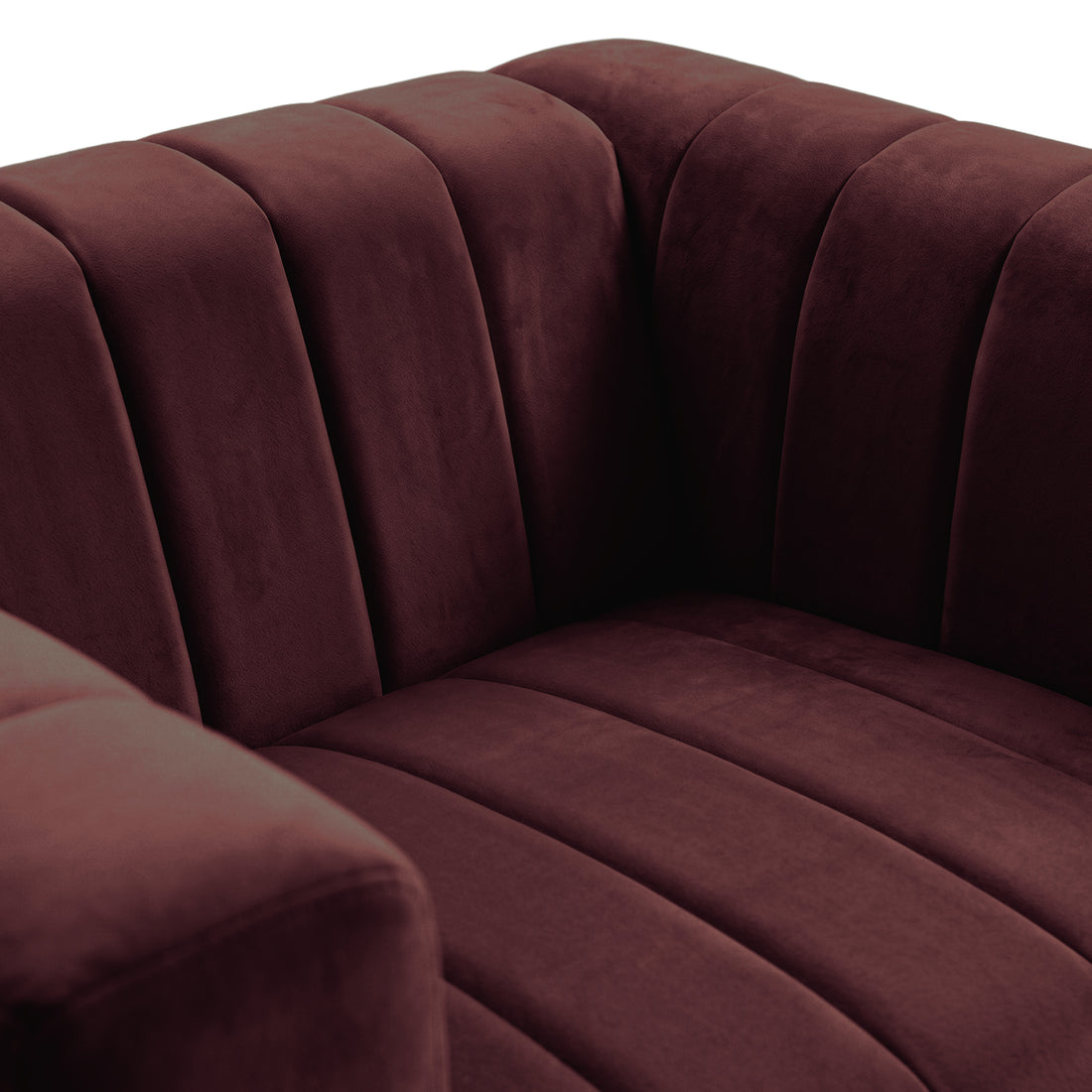 Close-up of Dark Merlot tufted upholstery on a chair or sofa against white background