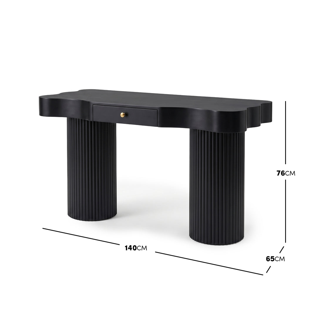 Black console table on white background with width, depth, and height measurements shown