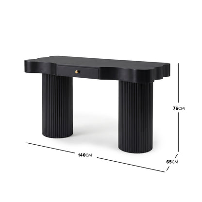 Black console table on white background with width, depth, and height measurements shown