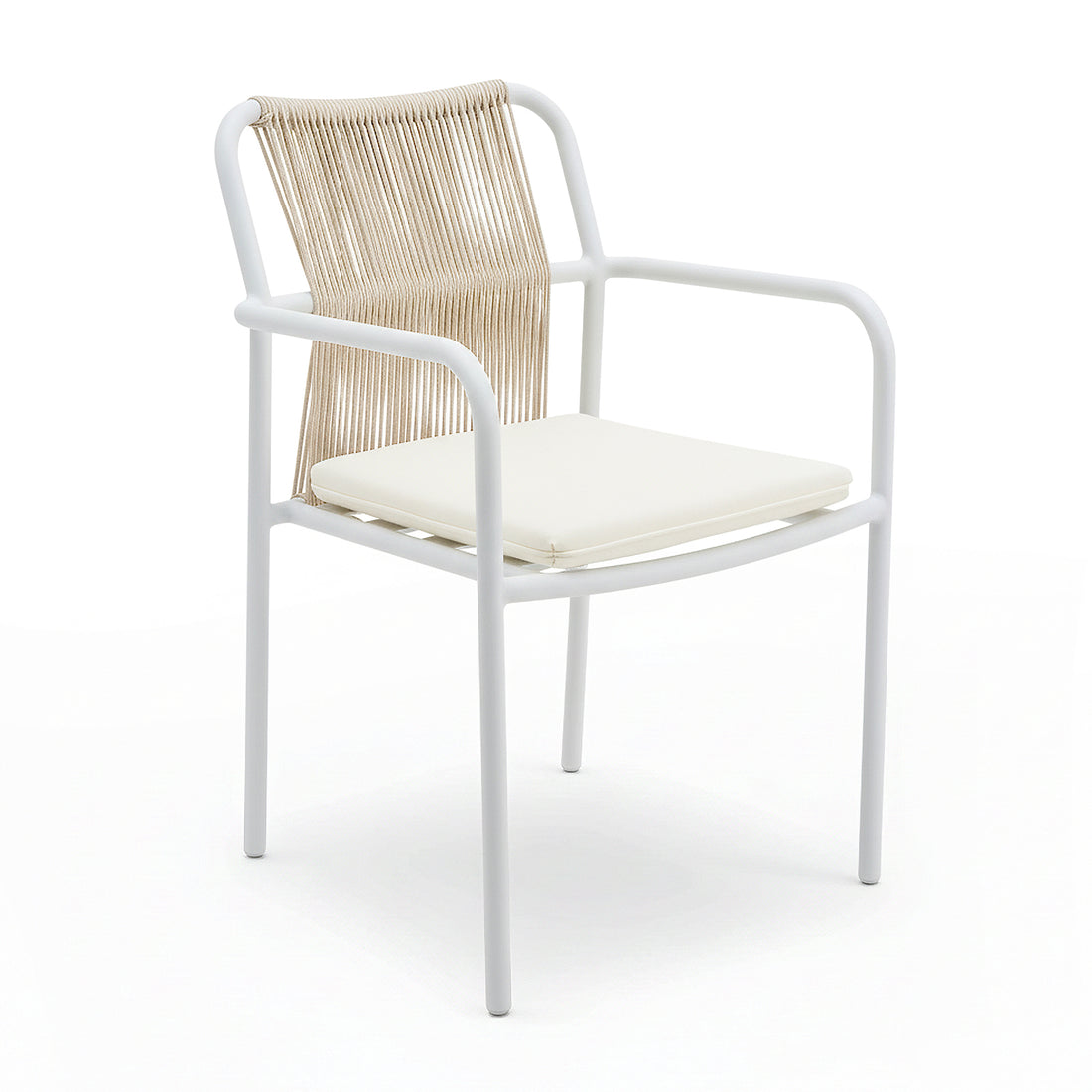 Evone Aluminium Rope Outdoor Dining Chair features a sleek white metal frame and woven rope backrest, complemented by a simple cushioned seat, ideal for stylish, lightweight indoor or patio use.