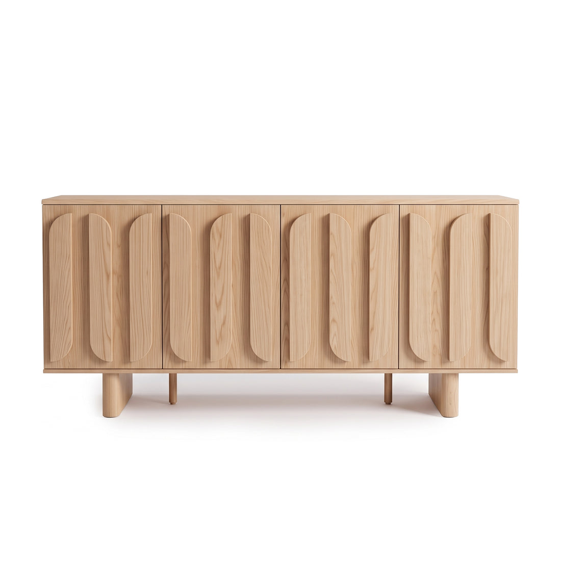 Light wood sideboard with sculptural vertically patterned front doors on a white background