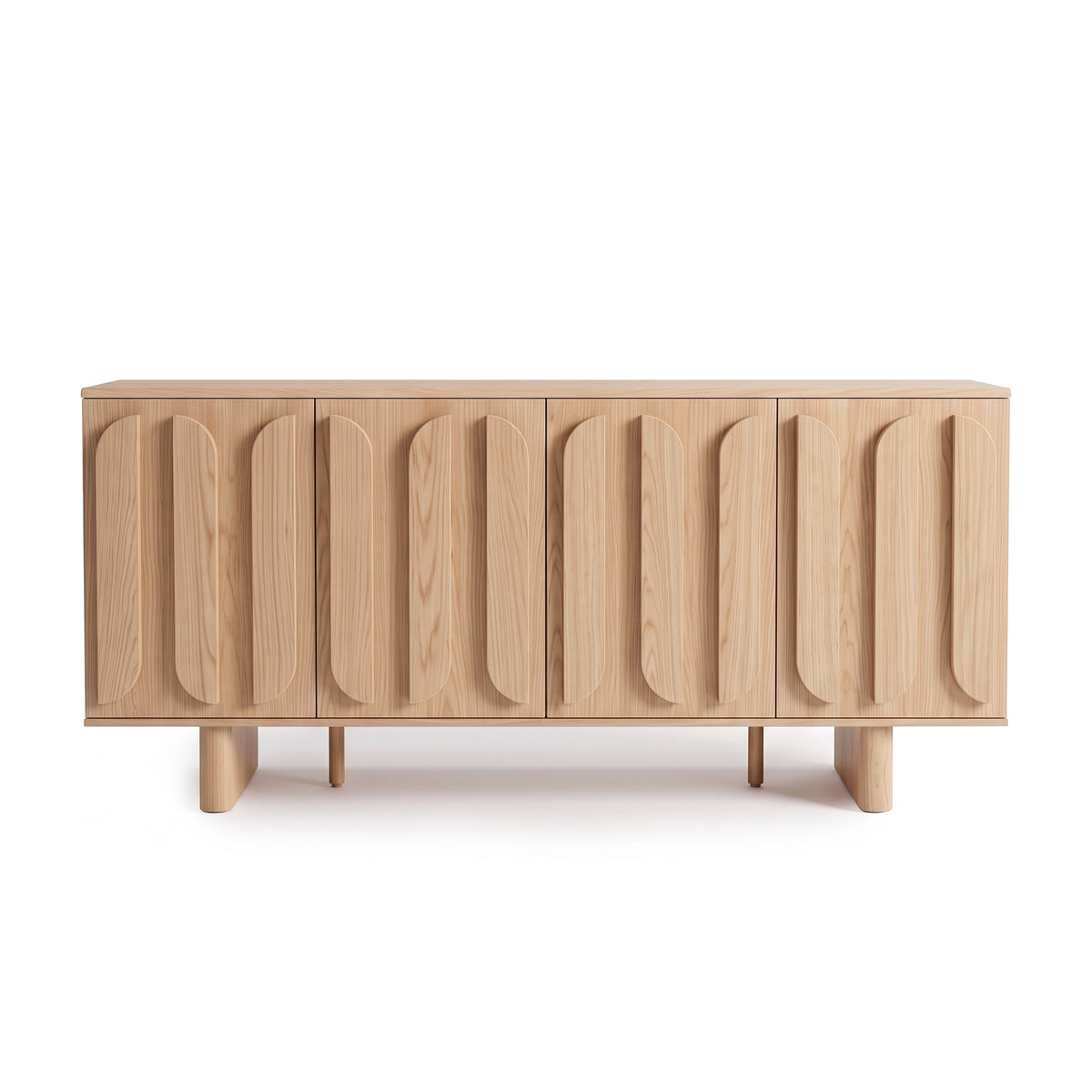Light wood sideboard with sculptural vertically patterned front doors on a white background