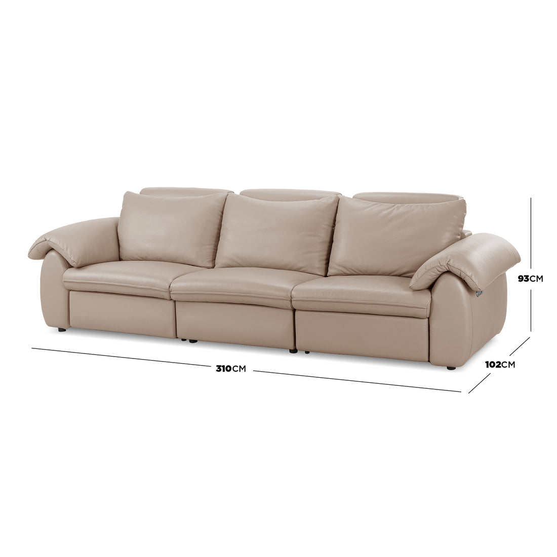 Beige three-seater sofa on a white background with dimensions labeled 310cm wide, 93cm high, and 102cm deep