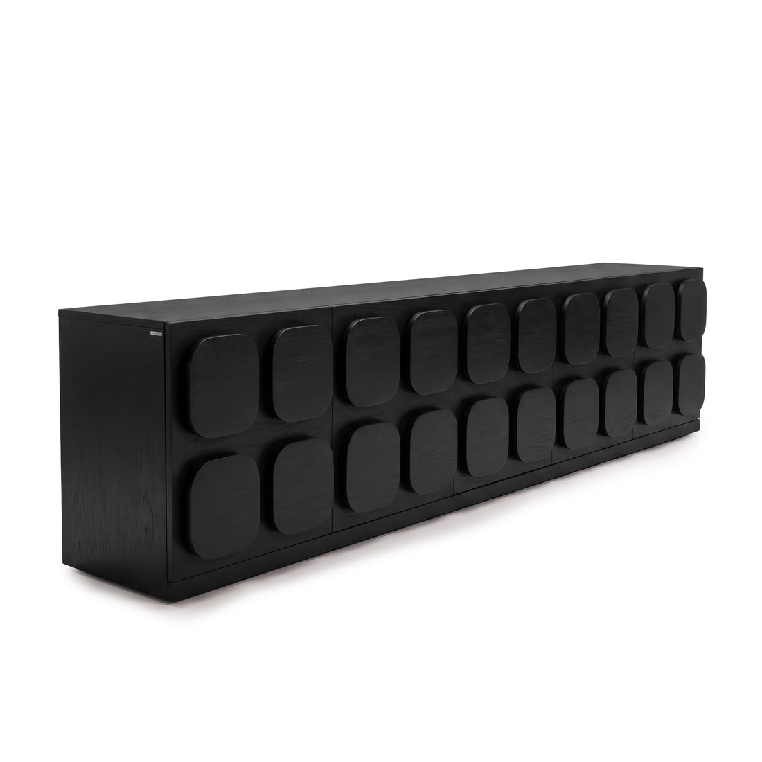 Black modern sideboard with geometric front pattern on a white background