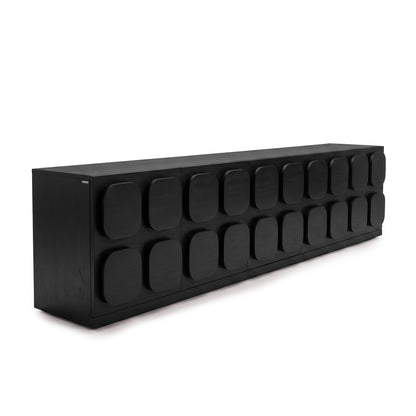 Black modern sideboard with geometric front pattern on a white background