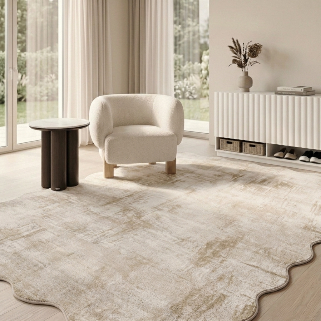Beige wavy-edged rug styled in a modern living room