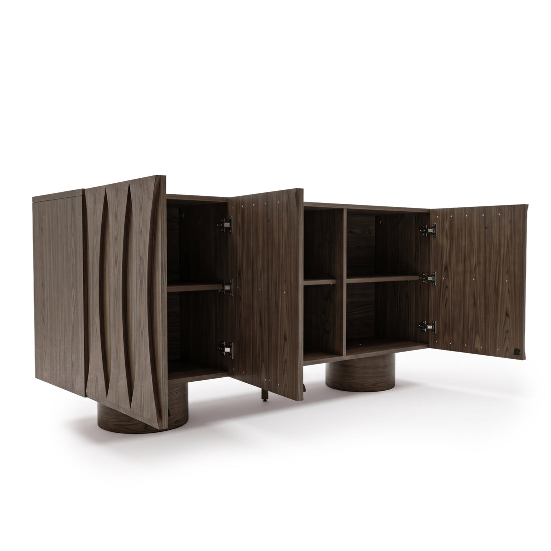 Dark wood sideboard on white background with open doors revealing interior shelving