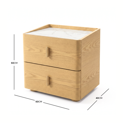 Light wood nightstand with marble-look top on white background with width, depth, and height dimensions shown
