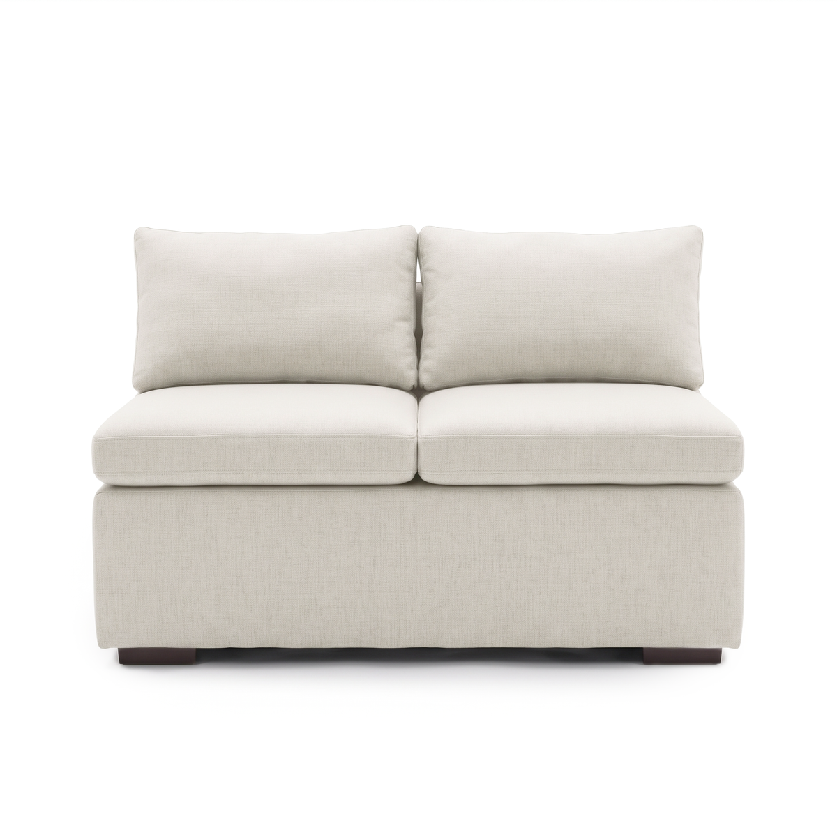 Front view of a complete cream upholstered two-seat loveseat on white