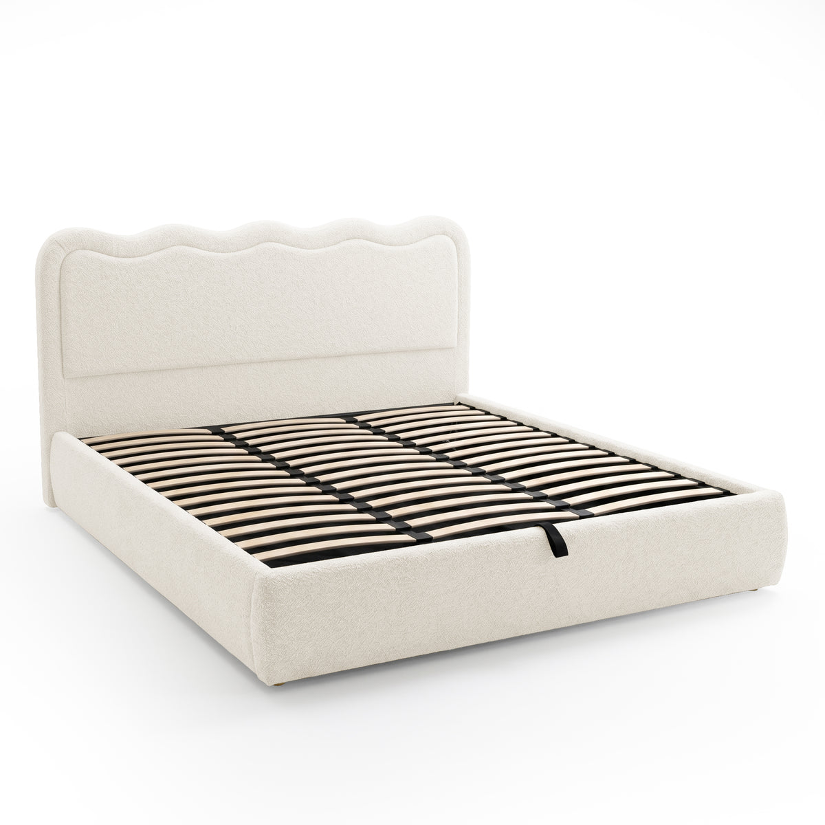 Contemporary upholstered bed frame with slatted base on white background