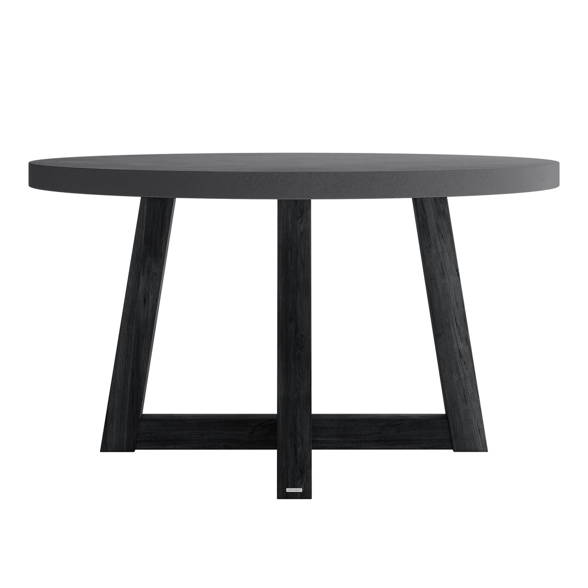 Magnus Hardwood and Concrete Outdoor Dining Table in Grey features a round concrete top and angled wooden legs with a trestle-style base, offering a modern look ideal for alfresco dining.