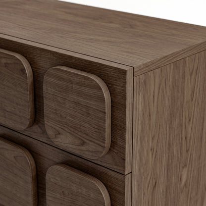 Close-up of the upper section of a wooden cabinet with rounded square drawer-front details on a white background