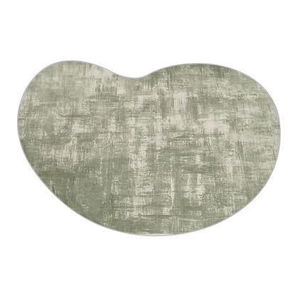 Abstract green and beige kidney-shaped mat on a white background
