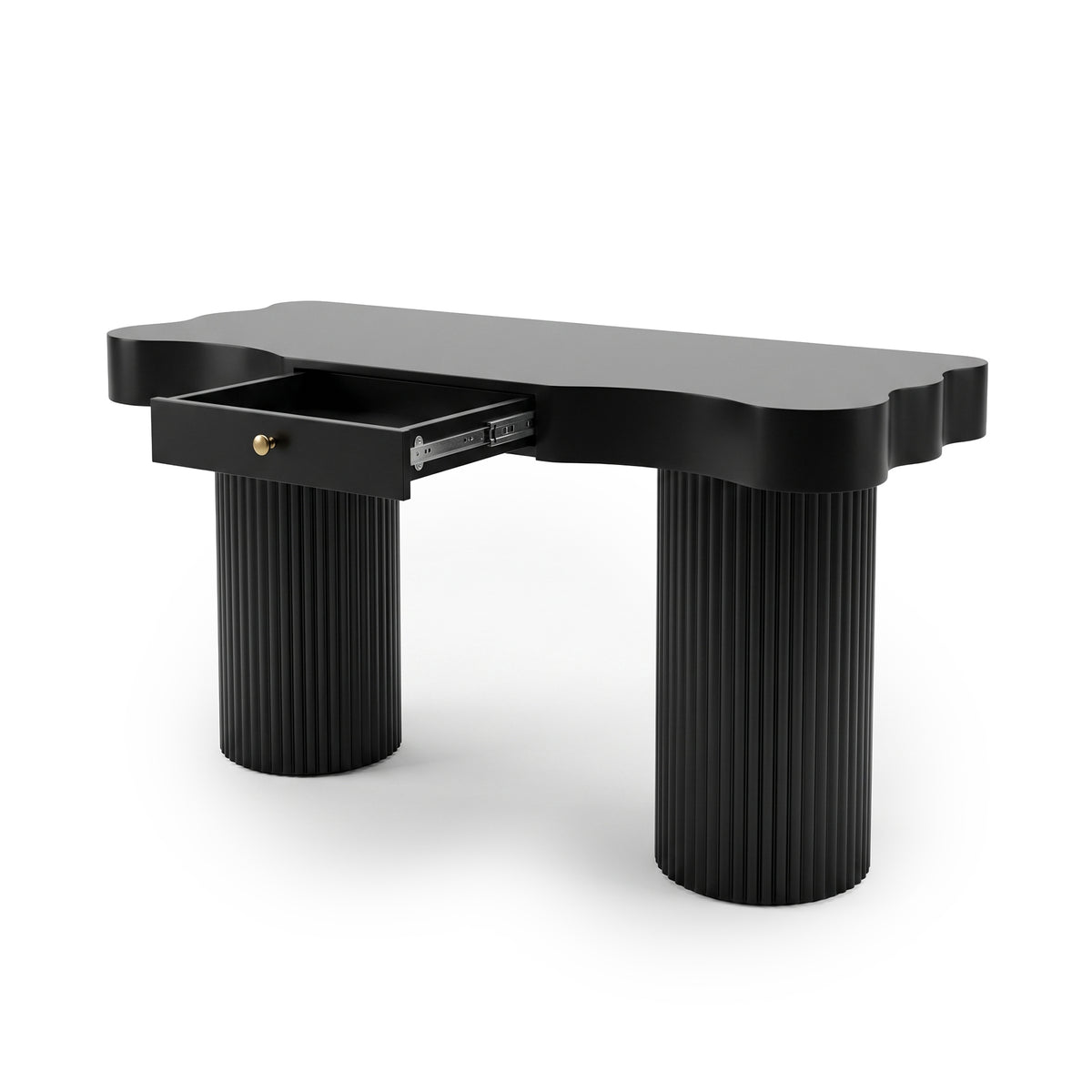 Black console table with scalloped tabletop and slightly open drawer on a white background