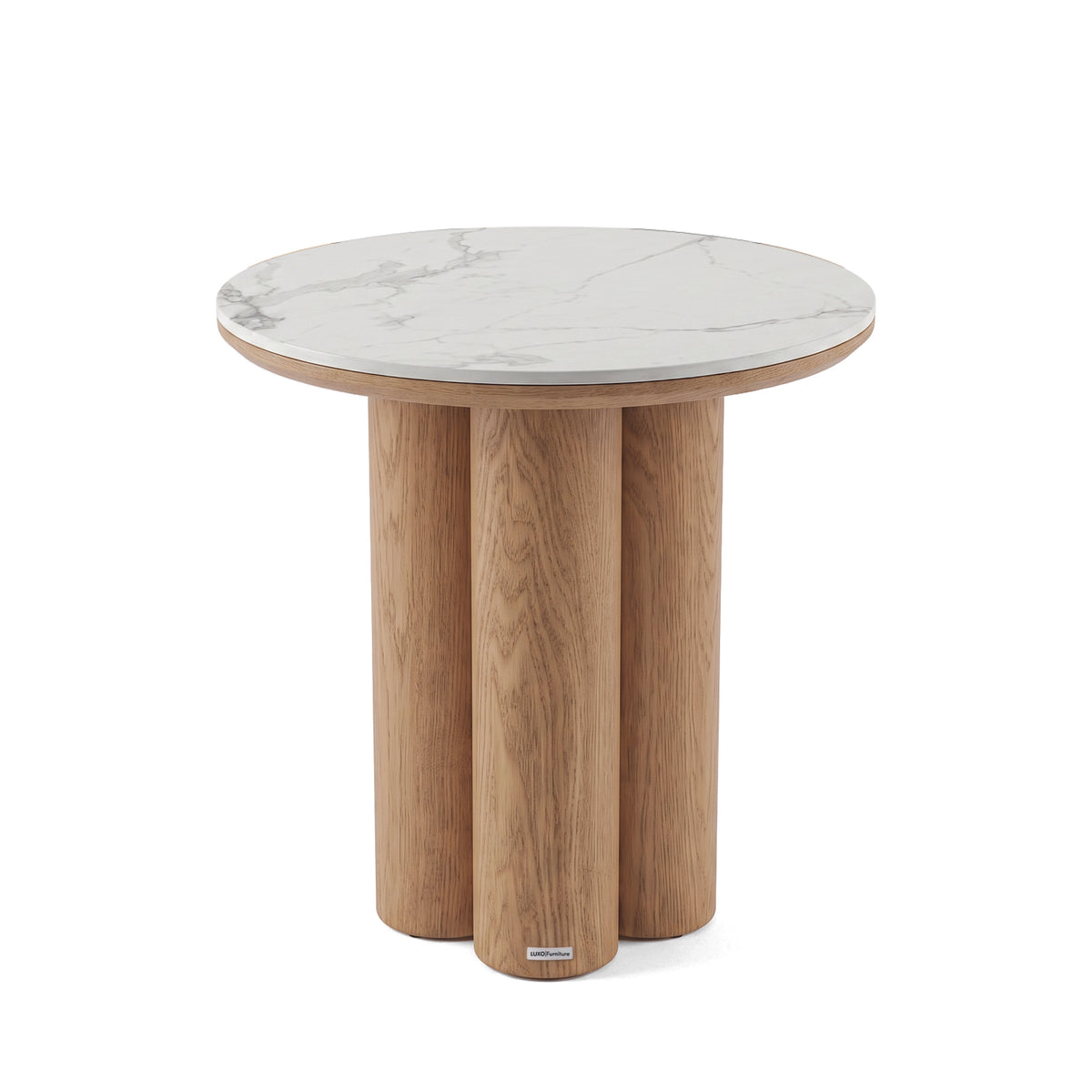 Modern round side table with white marble top and wooden base on white background