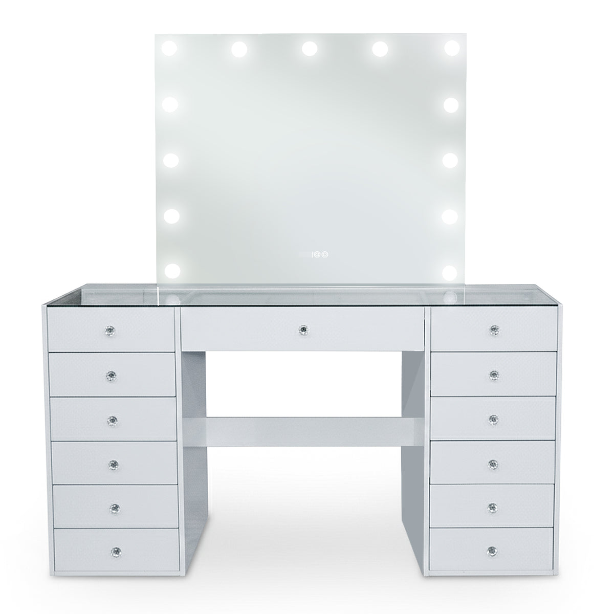 Modern white vanity set with bulbs around mirror on white background