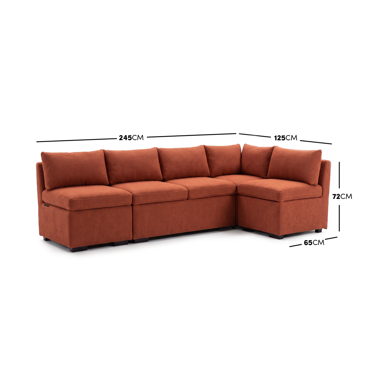 Rust terracotta sectional sofa with dimensions shown