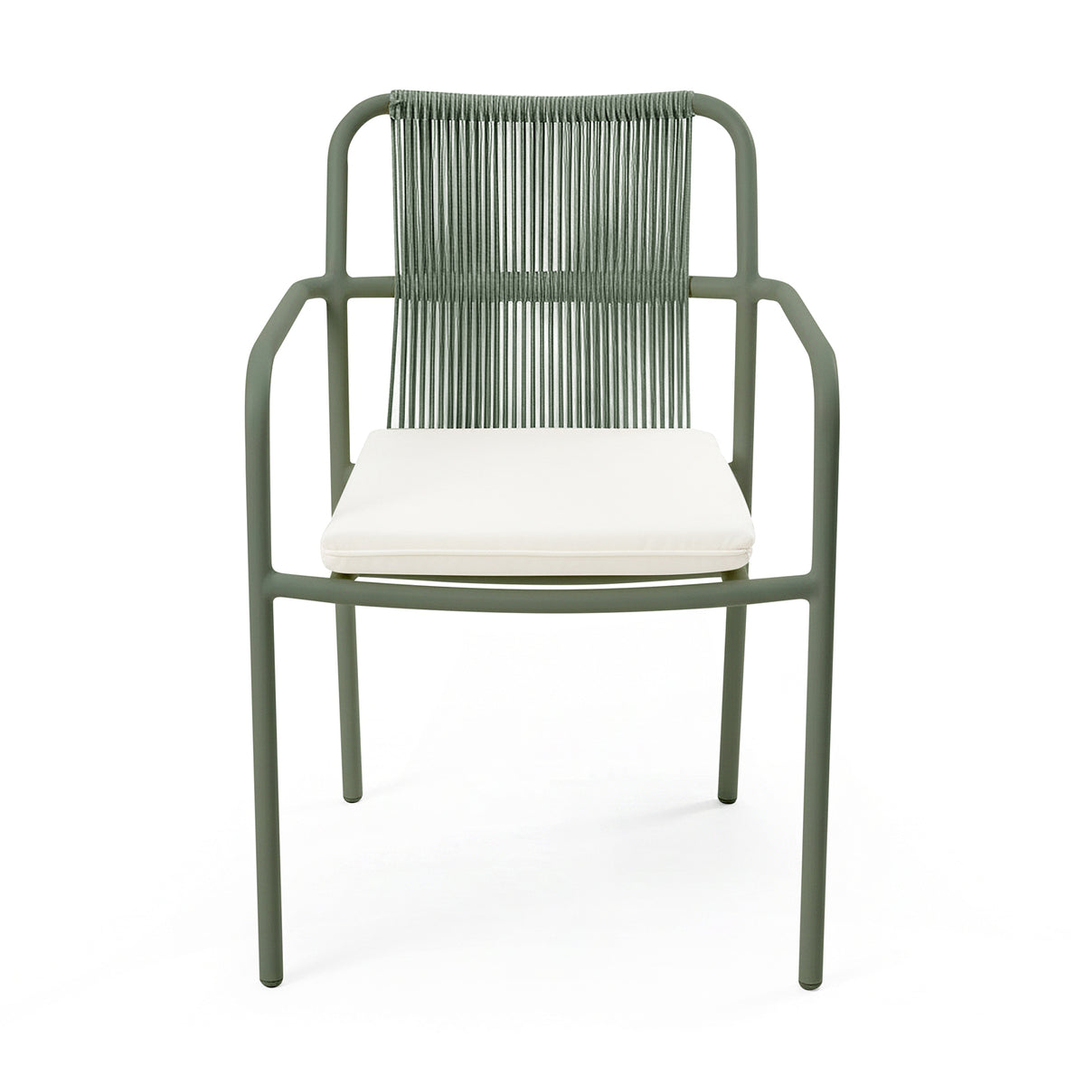 Evone 4 Seater Stone Outdoor Dining Table Set in Green featuring a sleek stone tabletop, slender metal frame, and woven-cord backrest. Ideal for stylish, compact outdoor dining.
