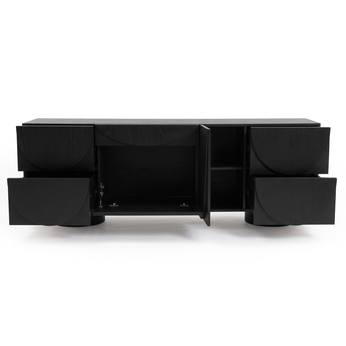 Black sideboard with open doors and drawers showing storage compartments
