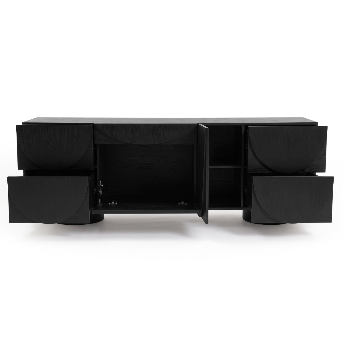 Black sideboard with open doors and drawers showing storage compartments