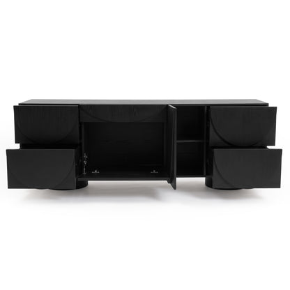 Black sideboard with open doors and drawers showing storage compartments
