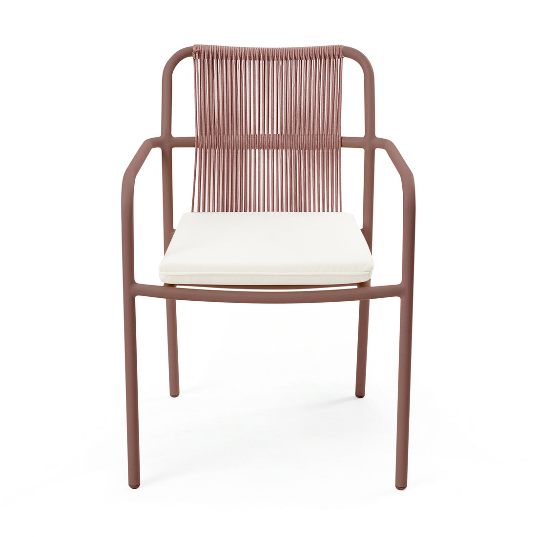 Evone Aluminium Rope Outdoor Dining Chair in Terracotta features a slender metal frame and a cord-wrapped backrest with a removable white cushion, ideal for modern indoor/outdoor settings.