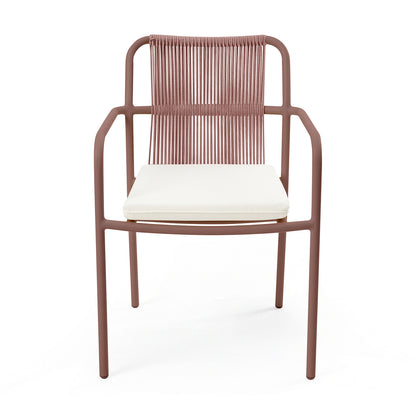 Evone Aluminium Rope Outdoor Dining Chair in Terracotta features a slender metal frame and a cord-wrapped backrest with a removable white cushion, ideal for modern indoor/outdoor settings.