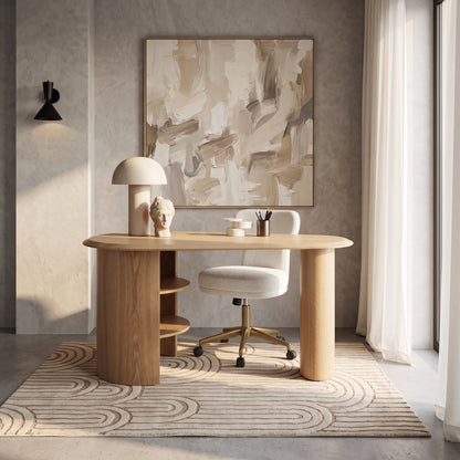 Modern light wood desk with a chair in a stylish home office setting.