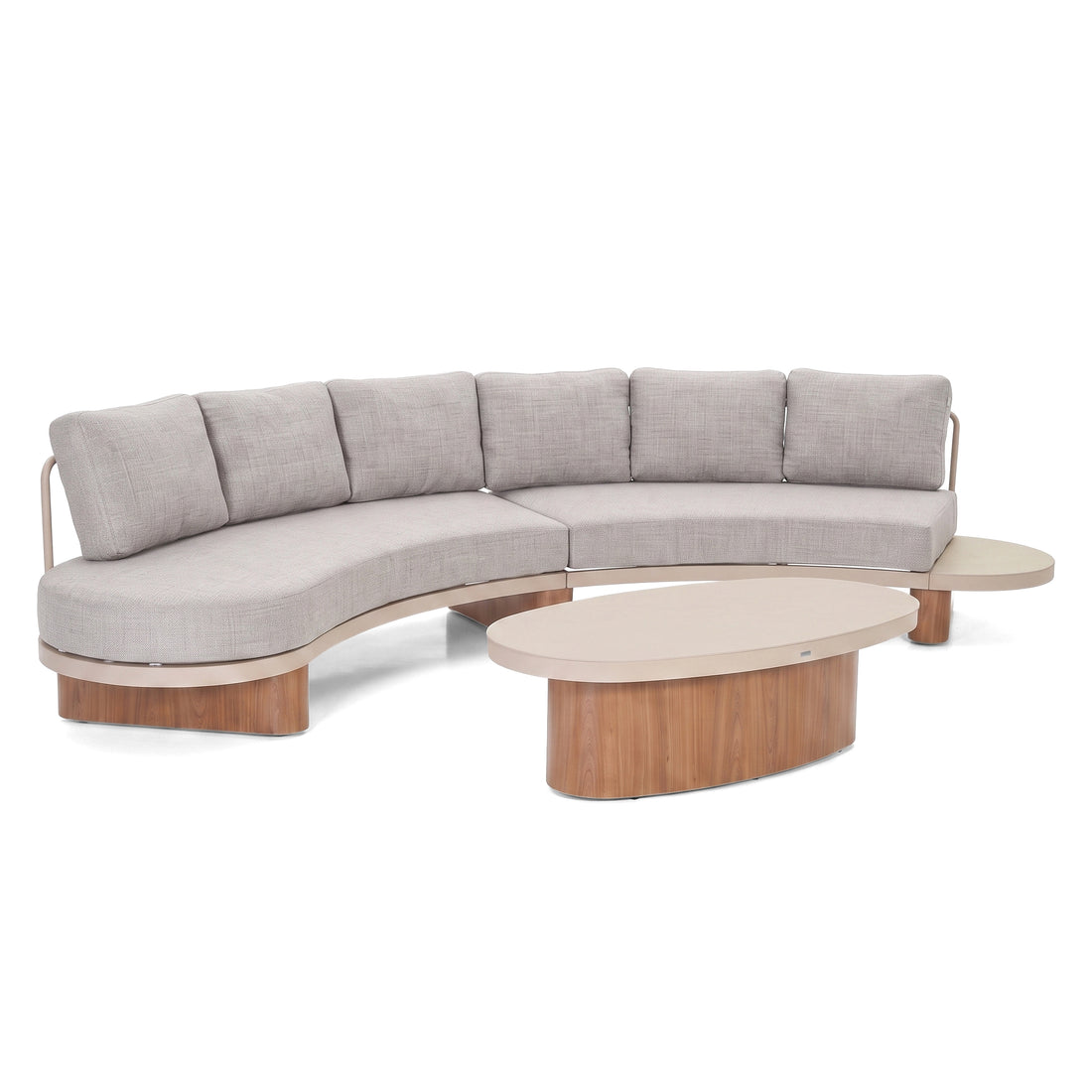 Modern sectional sofa with integrated coffee and side tables on a white background.