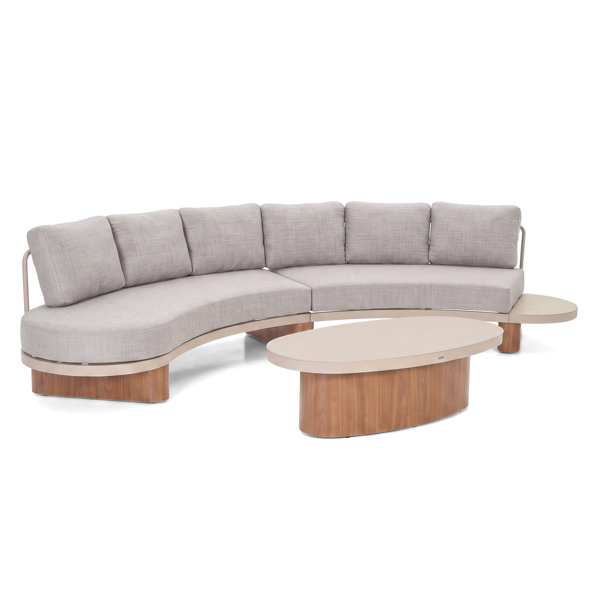 Modern sectional sofa with integrated coffee and side tables on a white background.